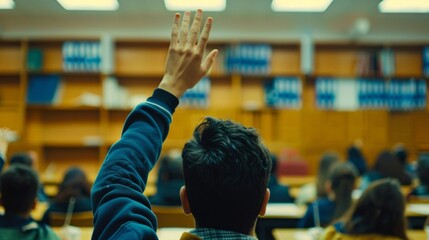hand raised in the middle of the classroom generative ai - obrazy, fototapety, plakaty