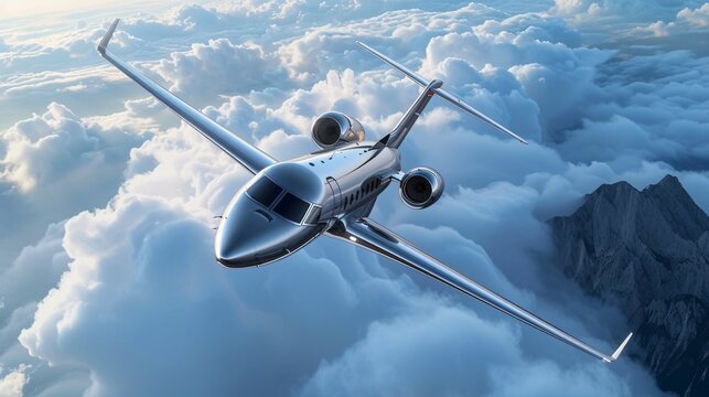A sleek private jet soars through the clouds above a majestic mountain range.