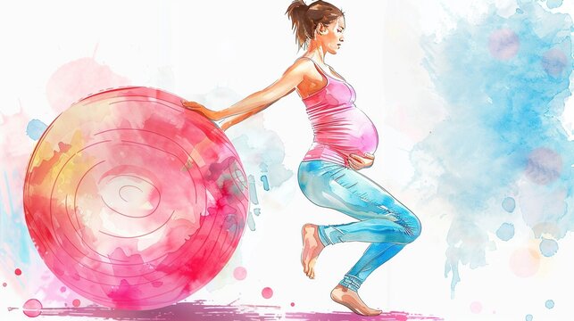watercolor painting of young pregnant woman doing exercises with fitball