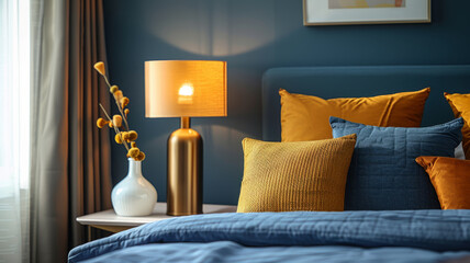 Cozy bedroom with blue and yellow accents.