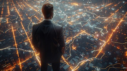 A solitary business man, depicted in an elegant suit, observes the panoramic view of a network city from a high vantage point.
