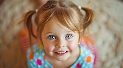 Fototapeta na wymiar Little girl with blond hair and blue eyes smiling. She is wearing a colorful dress with polka dots.