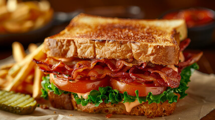 A bacon lettuce tomato sandwich with sides