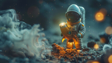 Astronaut figurine in a mystical cosmic scene - obrazy, fototapety, plakaty