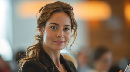 Woman in business setting smiling