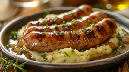 Grilled sausage on mashed potatoes