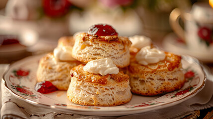 Obraz na płótnie Canvas Plate of scones with cream and jam