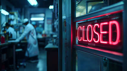 A neon "CLOSED" sign on a restaurant door with chefs in the background.