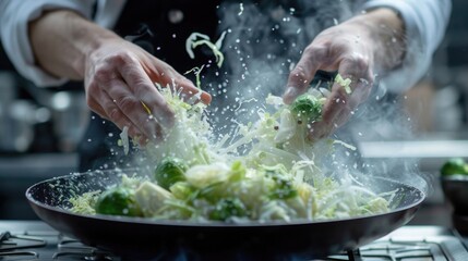 Dynamic action shot of a chef tossing shredded Brussels sprouts and cabbage in a steaming hot pan, capturing the energy and passion of cooking
