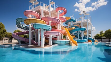 Fototapeta na wymiar Empty Water park for kids. Water park, bright multi-colored slides with a pool. A water park without people on a summer day with a beautiful. Aquapark, Generative AI.