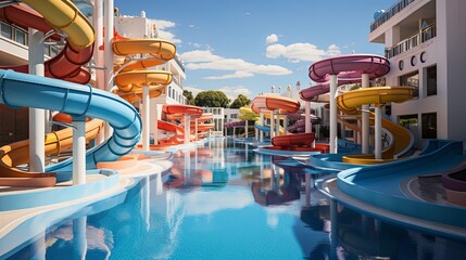 Empty Water park for kids. Water park, bright multi-colored slides with a pool. A water park without people on a summer day with a beautiful. Aquapark, Generative AI.