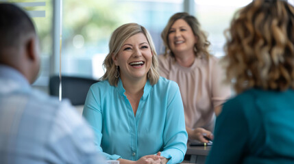 A woman is laughing joyfully during a meeting with colleagues.