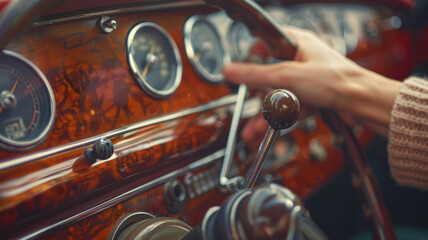 Close-up of a hand on a vintage car's dashboard.
