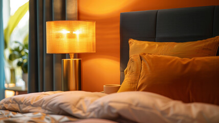 Bedroom with lit lamp and pillows