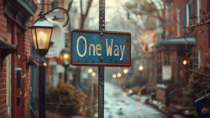 A "One Way" street sign in an urban setting