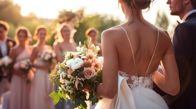 A bride holding a bouquet faces the groom with bridesmaids in the background.