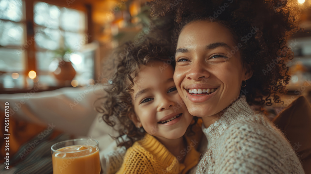 Sticker mother and daughter smiling at home