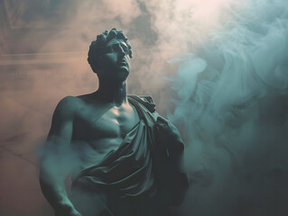 Greek Statue Adopts Mafia Style Under Intense Studio Lights and Swirling Smoke - obrazy, fototapety, plakaty
