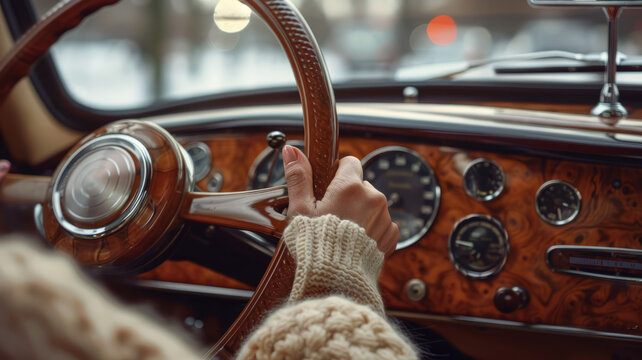 Fototapeta A woman's hand on the steering wheel of a vintage car