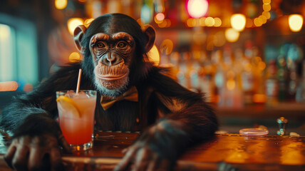 Chimpanzee at bar with a cocktail