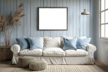 Room interior in pastel blue colors and a wooden plank wall with a sofa with pillows, a lamp, a dry plant and an ottoman and a blank picture mockup on the wall