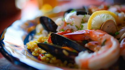 Photo of a paella dish with shrimp and mussels.