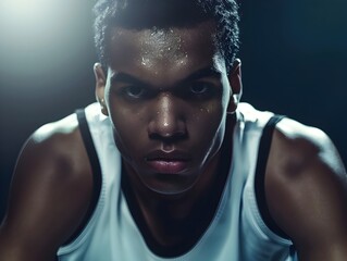 Basketball Player Battles Under Dramatic Light in Competitive Sports Hall - obrazy, fototapety, plakaty