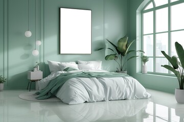 Modern pale turquoise bedroom interior with a large cozy bed with pillows and a blanket with a mockup on a wall near the window