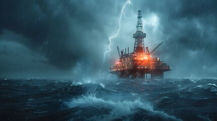 Stark Defiance: Survival Amidst Raging Seas and an Offshore Oil Rig - obrazy, fototapety, plakaty