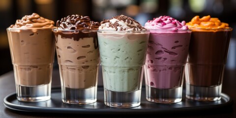 Various colorful drinks lined up on a table