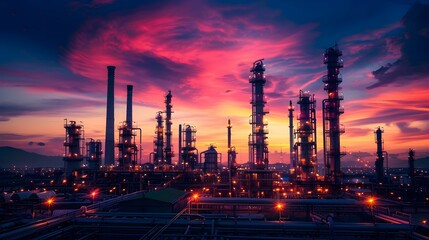 Oil Production Station Basks in Dusk's Vibrant Hues: A Industrial Beauty