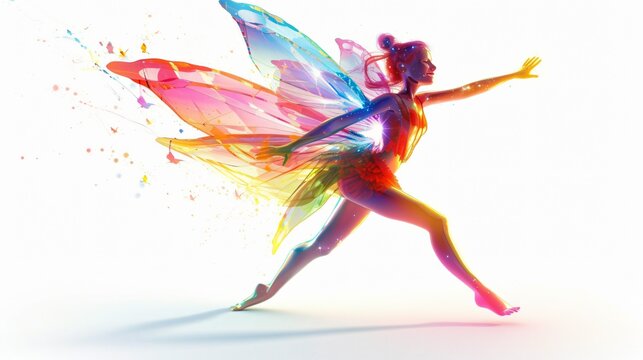 A young woman with butterfly wings is running. She is wearing a colorful leotard and has her hair in a bun. She is smiling and looks happy.