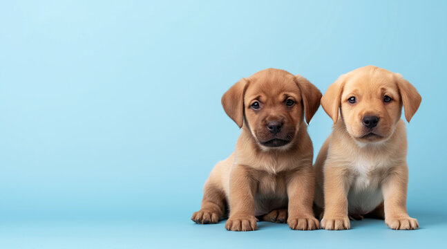 Two adorable and charming Labrador Retriever puppies sitting side by side against plain blue background, capturing the viewer’s attention with their cuteness and simplicity. A banner with copy space