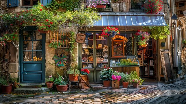 Charming European street with a flower shop. The shop has colorful flowers, plants, and a striped awning. The street is made of cobblestones.