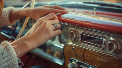 Close-up of a woman's hand in a vintage car