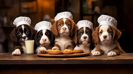 A doggy cuisine: five puppies wearing chef hats, sitting at a wooden kitchen table with hotdogs and a glass of milk in front of them, creating a whimsical and humorous scene - obrazy, fototapety, plakaty