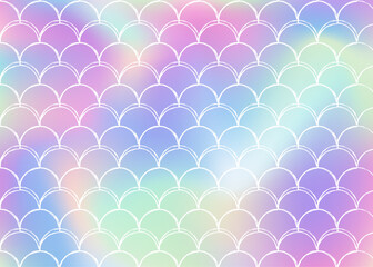 Mermaid scales background with holographic gradient. Bright color transitions. Fish tail banner and invitation. Underwater and sea pattern for girlie party. Trendy backdrop with mermaid scales.