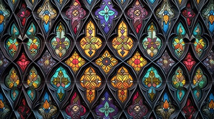 Stained glass window with a floral pattern.
