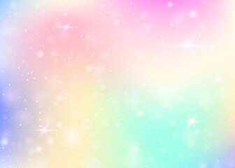 Unicorn background with rainbow mesh. Mystical universe banner in princess colors. Fantasy gradient backdrop with hologram. Holographic unicorn background with magic sparkles, stars and blurs.