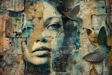 Mixed media art collage featuring a womans face intertwined with various birds