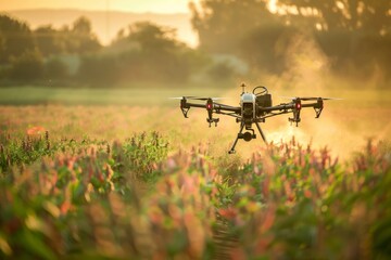 A large black and white remote controlled flying device hovers over a field, showcasing cutting-edge technology in modern farming practices