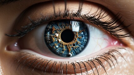 Fototapeta premium An eye with a blue iridescent color with reflection of digital elements reminiscent of a high-tech interface. Concept: artificial intelligence, future technologies in ophthalmology, bionic eyes