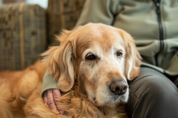 Close-up of a person sitting on a couch with their pet dog, showing companionship and relaxation