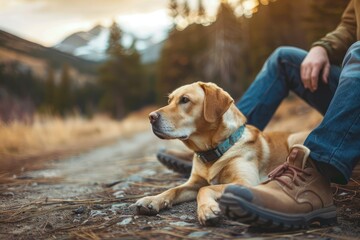 A dog resting on the ground beside a person in a pet-friendly travel experience