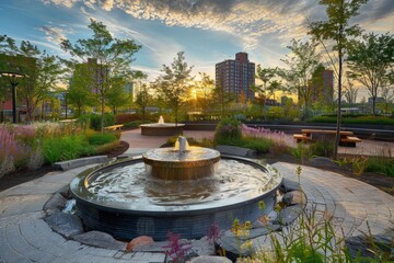 A fountain surrounded by lush greenery stands in the center of a city park, with benches and paths in the background