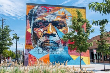 A mural of a mans face painted on the side of a building, showcasing street art and urban creativity