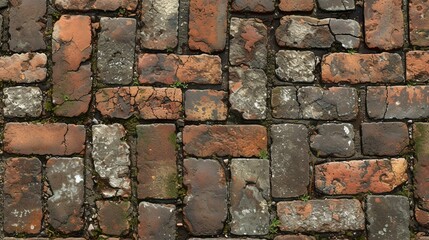 Weathered red and brown brick floor tiles with cracks and moss growing between the bricks.