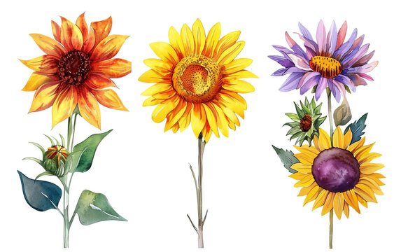 Set water color flower pack watercolor sun flower on transparent background, png	
