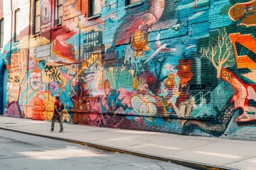 A man walks down a street lined with a vibrant, colorful wall showcasing street art murals