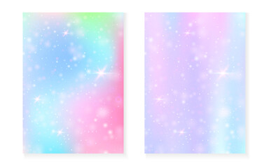 Rainbow background with kawaii princess gradient. Magic unicorn hologram. Holographic fairy set. Mystical fantasy cover. Rainbow background with sparkles and stars for cute girl party invitation.